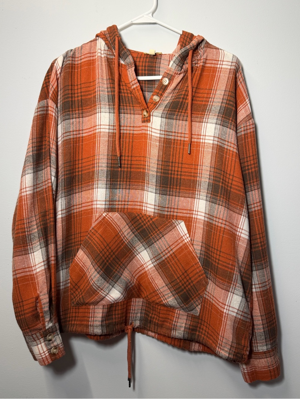 Casual Slouchy Plaid Flannel Hooded Shirt with Drawstring Hem Kangaroo Pocket